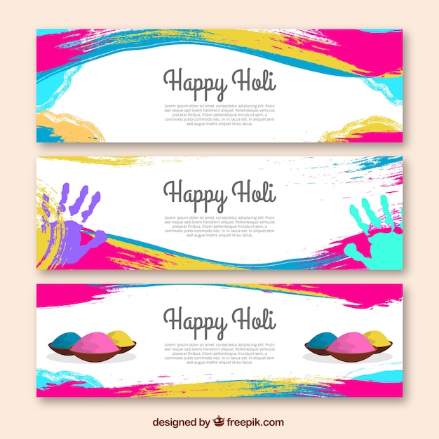 Vector gratuito banners del festival de holi con manchas coloridas