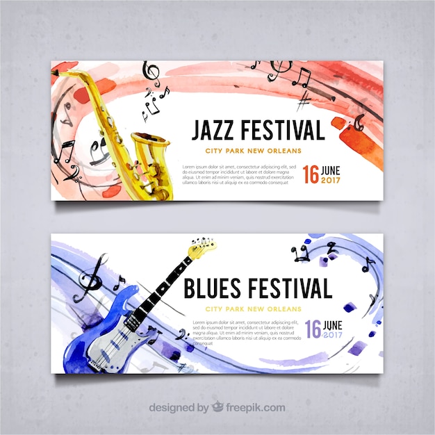 Banners de festival de jazz y blues de acuarela