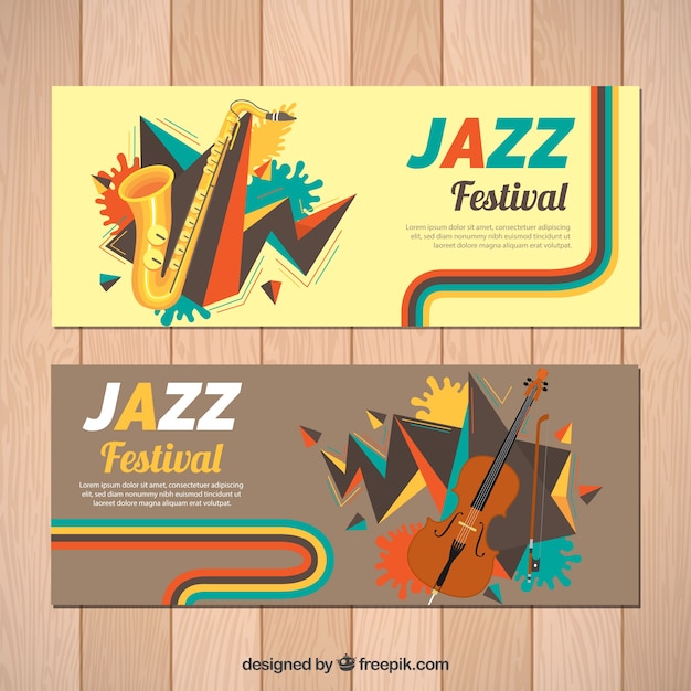 Banners de festival de jazz con saxofón y violín