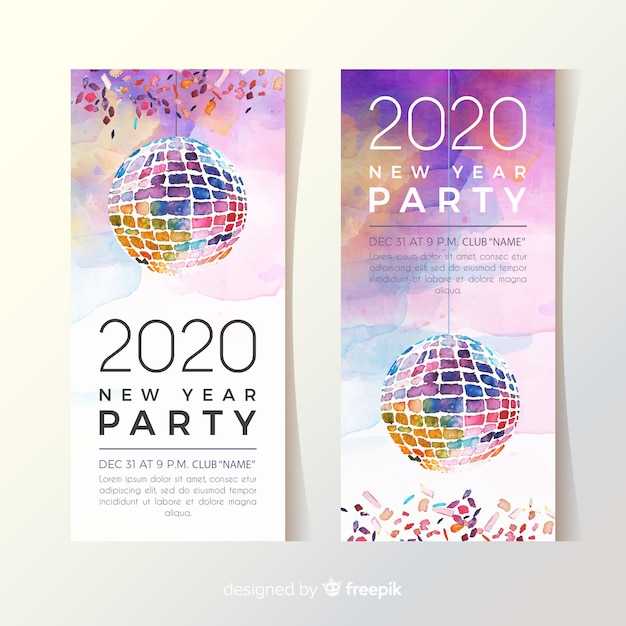 Vector gratuito banners de fiesta acuarela año nuevo 2020 con globo disco