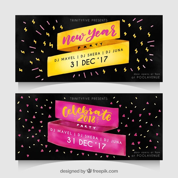 Banners de fiesta año nuevo 2018 en acuarela con confetti