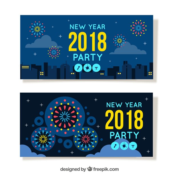 Banners de fiesta de año nuevo 2018 en azul oscuro