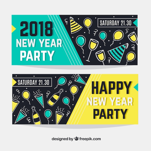 Banners de fiesta de año nuevo 2018 dibujados a mano en verde y amarillo