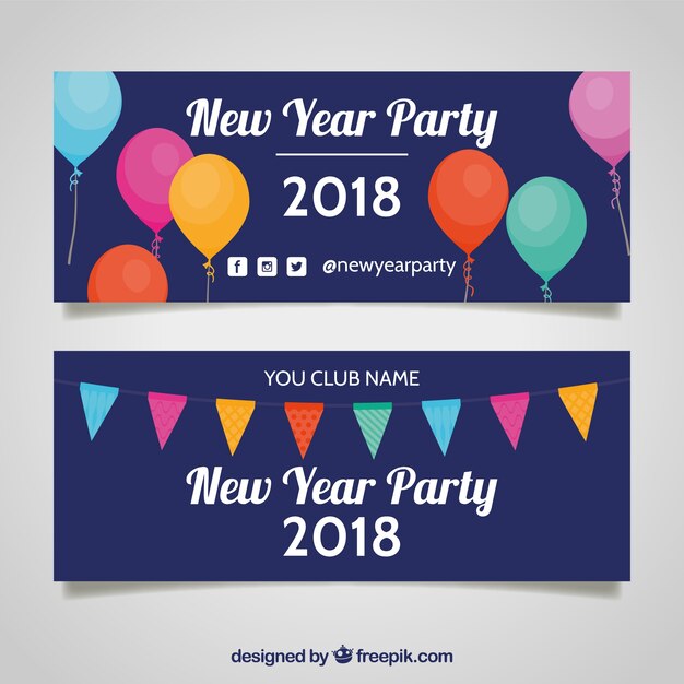 Banners de fiesta de año nuevo 2018 con globos y banderitas