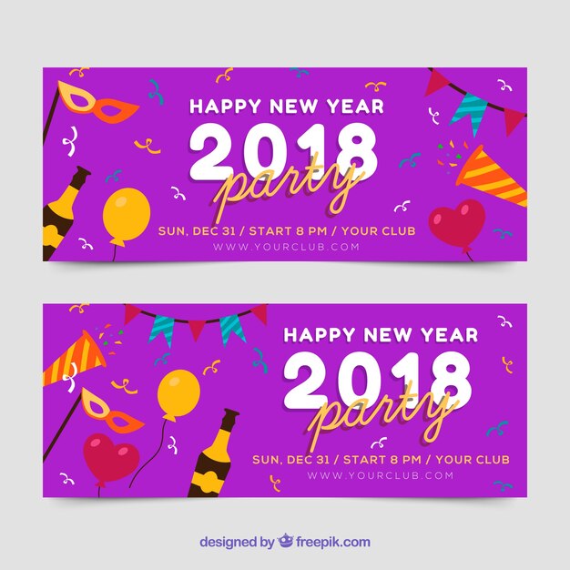 Banners de fiesta de año nuevo 2018 en morado