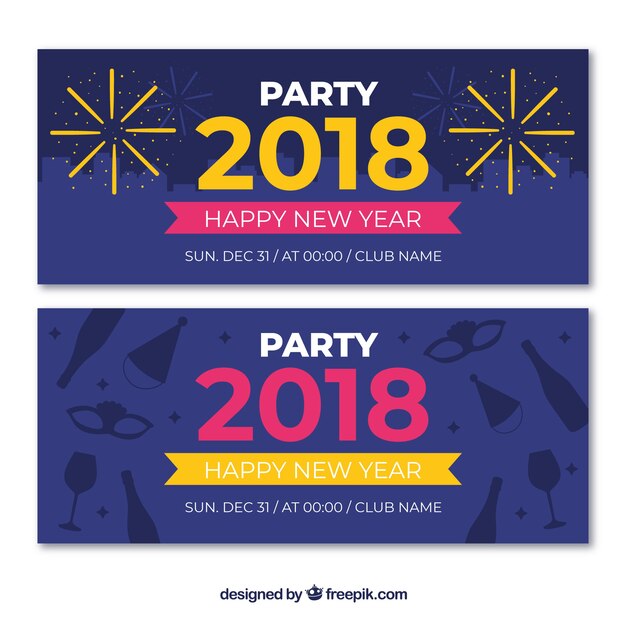 Banners de fiesta de año nuevo 2018 con siluetas