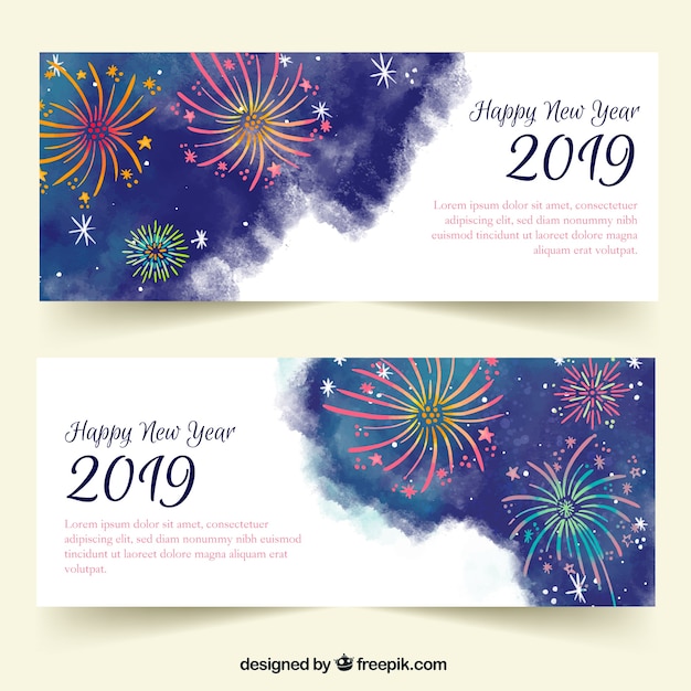 Banners de fiesta de año nuevo 2019 de acuarela