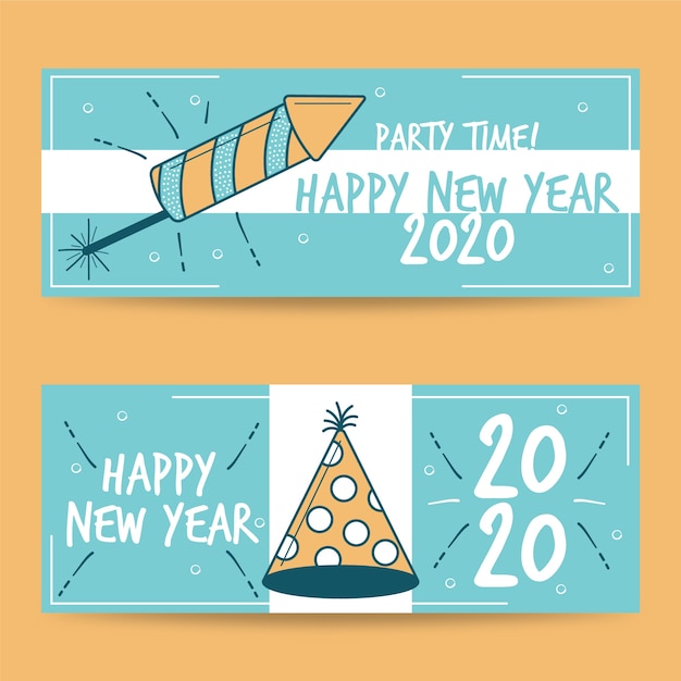 Banners de fiesta de año nuevo 2020 dibujados a mano