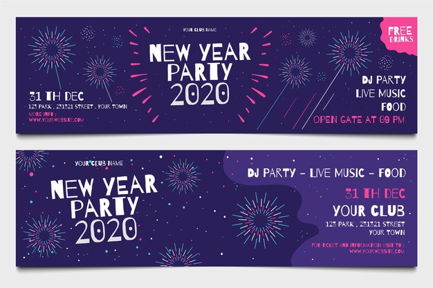 Banners de fiesta de año nuevo 2020 dibujados a mano