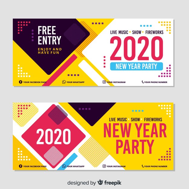Banners de fiesta de año nuevo 2020 en diseño plano