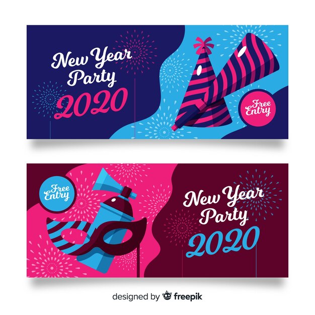 Banners de fiesta de año nuevo 2020 en diseño plano