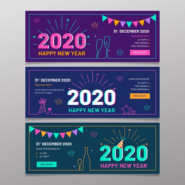 Banners de fiesta de año nuevo 2020 en diseño plano
