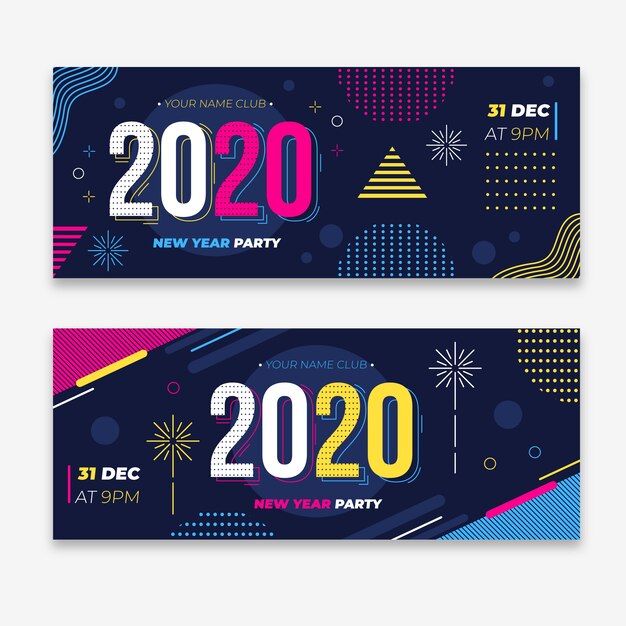 Banners de fiesta de año nuevo 2020 en diseño plano