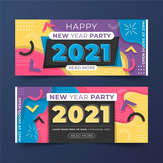 Banners de fiesta de año nuevo 2021 en diseño plano