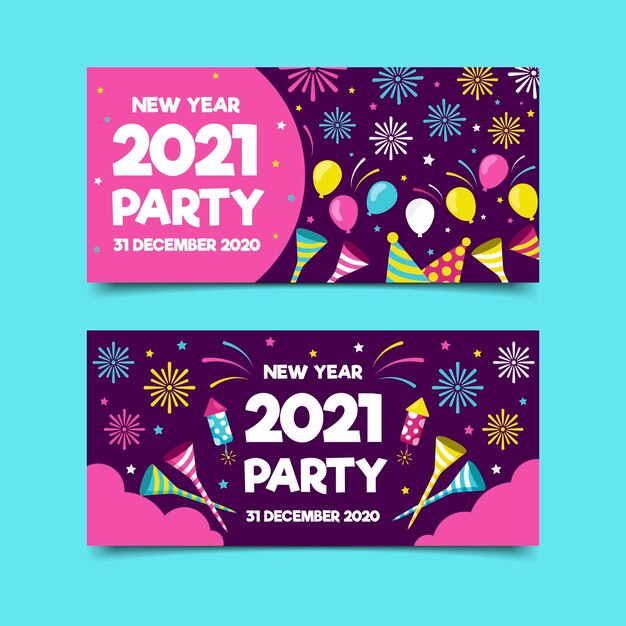 Banners de fiesta de año nuevo 2021 en diseño plano