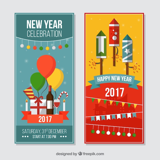 Banners de fiesta de año nuevo en diseño plano