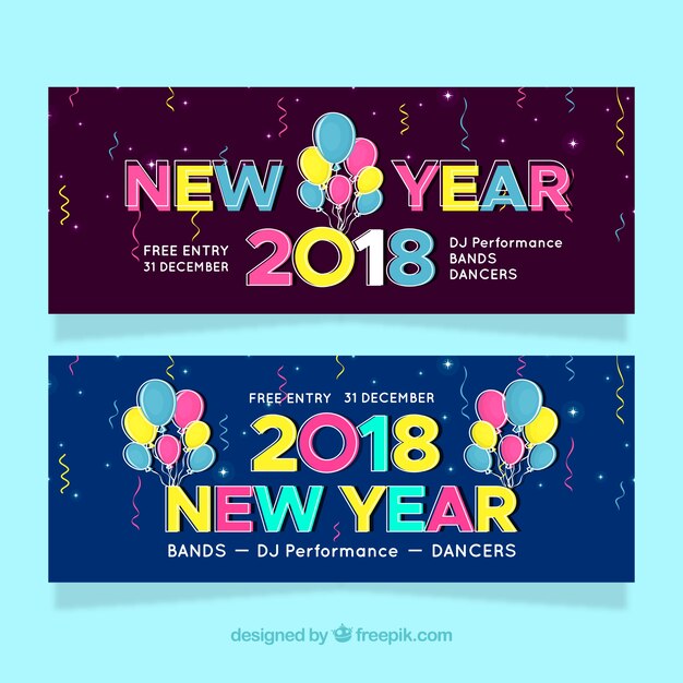 Banners de fiesta de año nuevo con globos coloridos