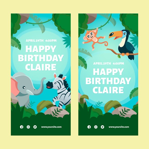 Banners de fiesta de cumpleaños de selva de diseño plano dibujado a mano verticales