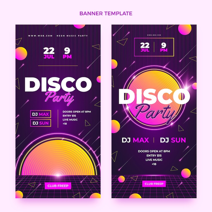 Vector gratuito banners de fiesta disco de neón realistas verticales