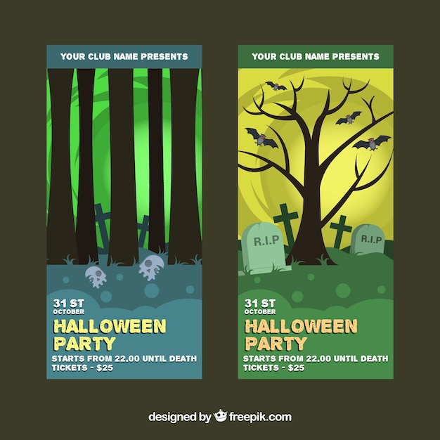 Banners de fiesta de halloween con árboles y tumbas
