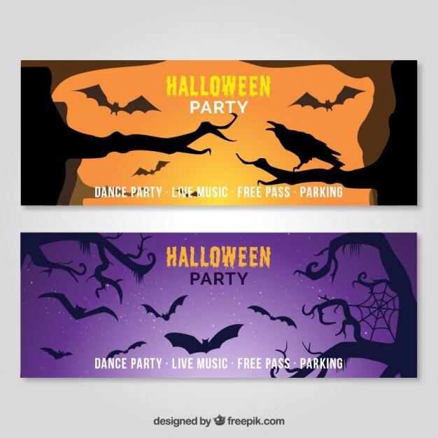 Vector gratuito banners de fiesta de halloween con murciélagos y cuervo