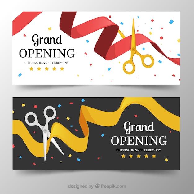 Vector gratuito banners de fiesta de inauguración con tijeras