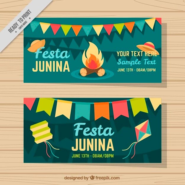 Banners de fiesta junina con decoración y fogata