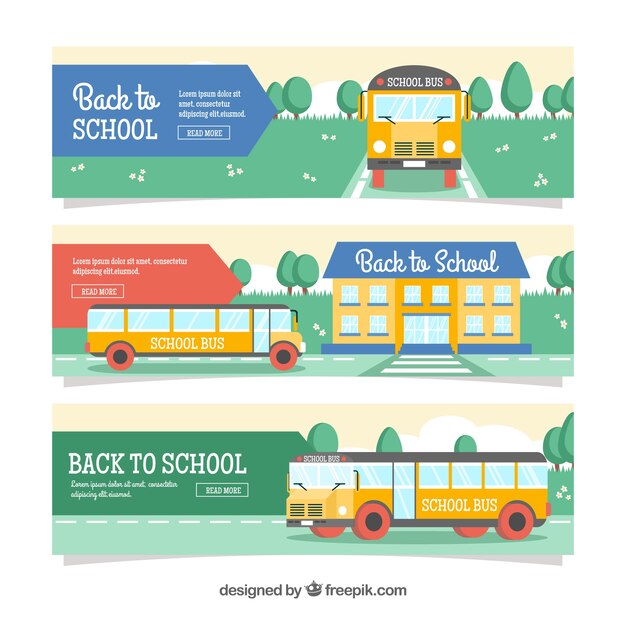 Vector gratuito banners flat para la vuelta al cole con autobús escolar en paisaje