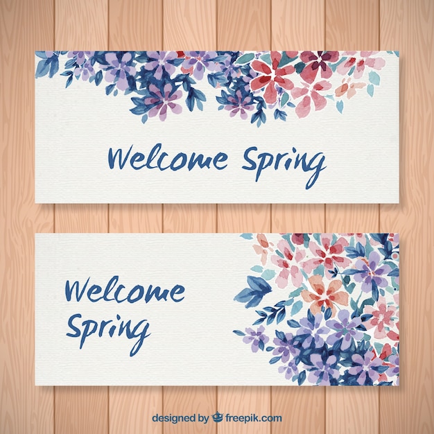 Vector gratuito banners florales de acuarela de bienvenida primavera