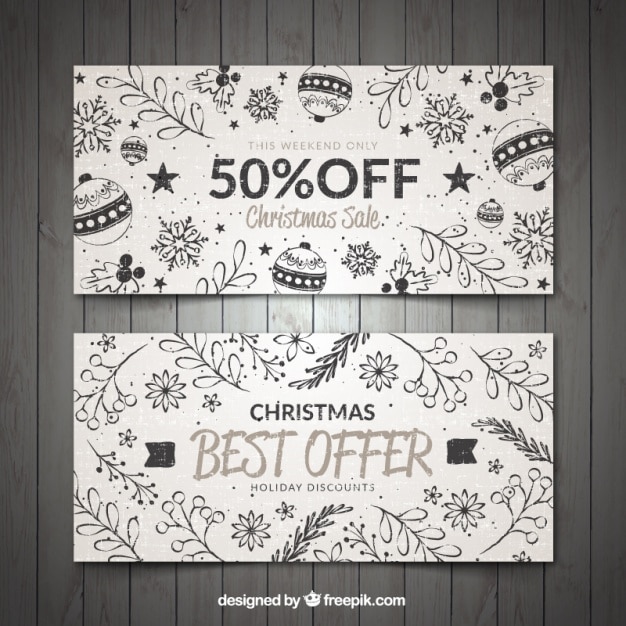 Vector gratuito banners florales dibujados a mano de descuentos navideños