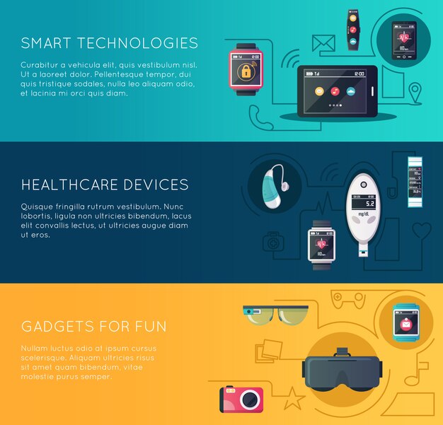 Banners de gadgets de tecnología portátil con gafas de realidad aumentada y fitness