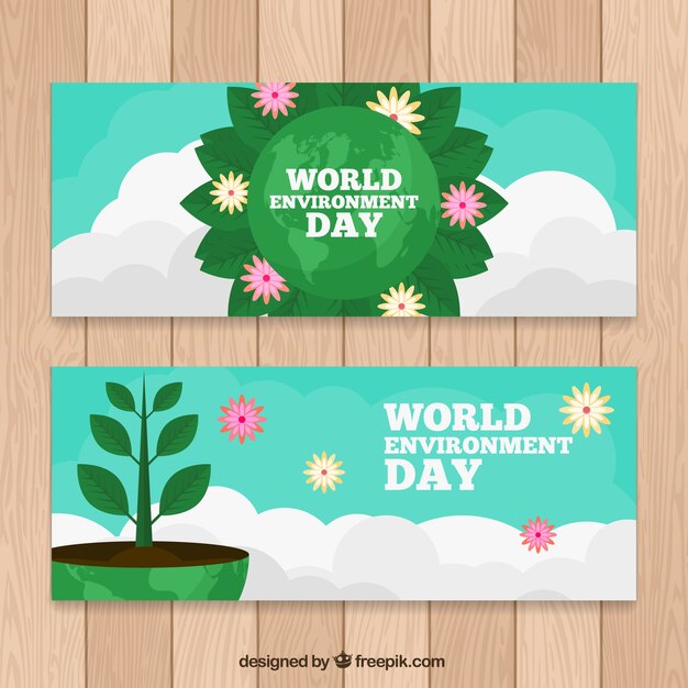 Vector gratuito banners geniales con plantas y nubes para el día mundial del medioambiente