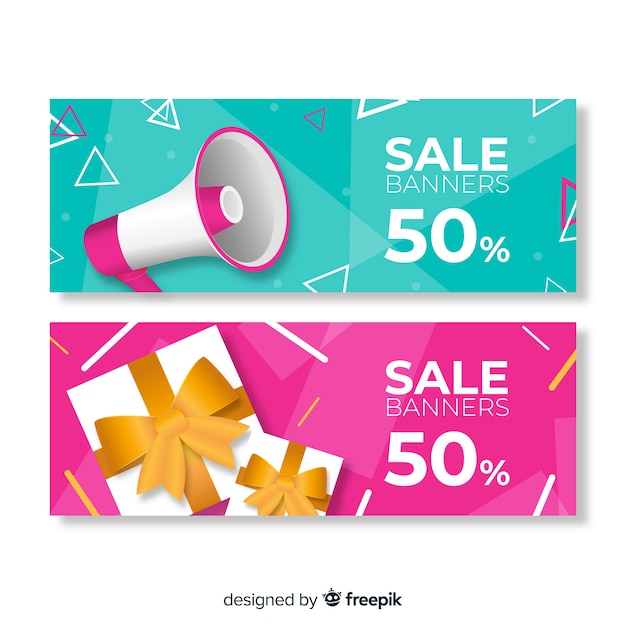 Vector gratuito banners geometric de rebajas con elementos realistas