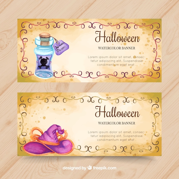 Banners de halloween de acuarela con poción y sombrero de bruja