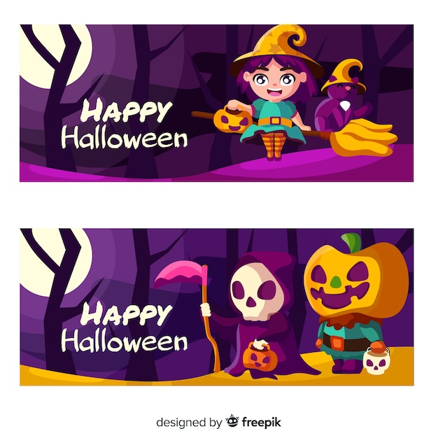 Banners de halloween adorables con diseño plano