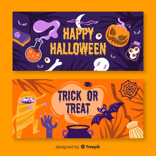 Banners de halloween con calabaza y monstruos