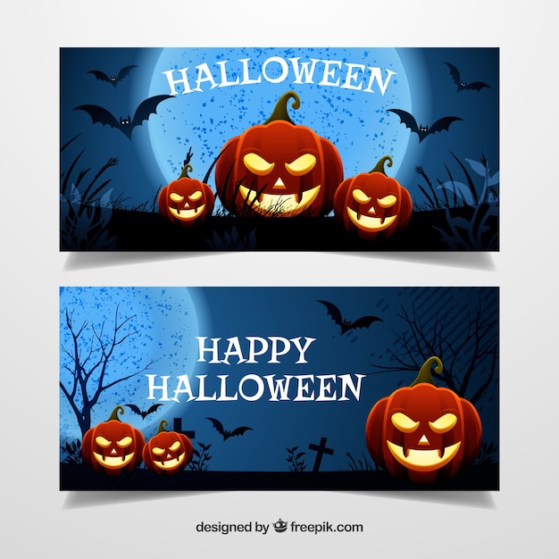 Banners de halloween con calabazas iluminadas