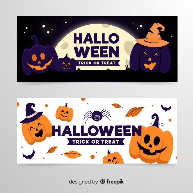 Banners de Halloween y calabazas con sombreros de brujas