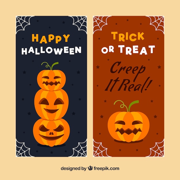 Banners de halloween con calabazas y telarañas
