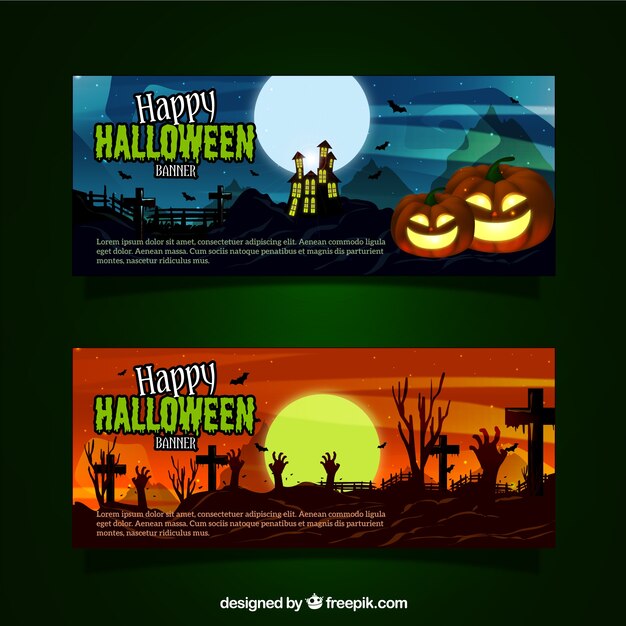 Banners de halloween de cementerio y calabazas 