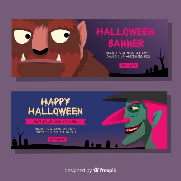 Banners de halloween coloridos con diseño plano