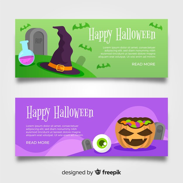 Banners de halloween coloridos con diseño plano