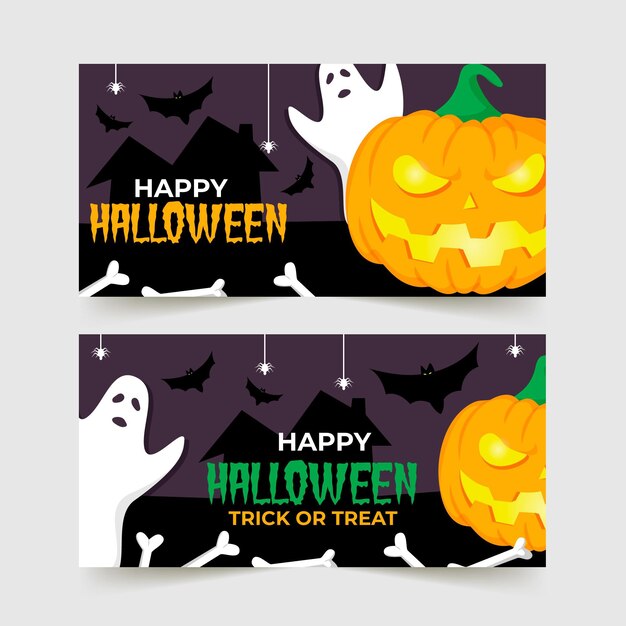 Banners de halloween de diseño plano