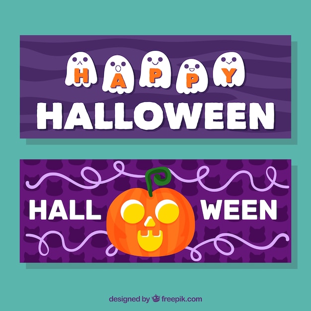 Vector gratuito banners de halloween con fantasmas y calabaza