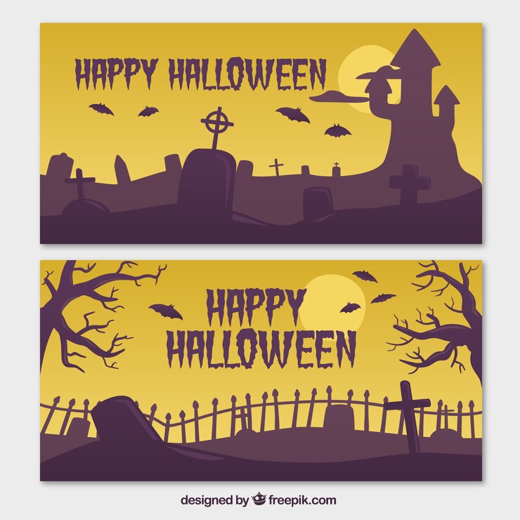 Vector gratuito banners de halloween en tonos amarillos y morados