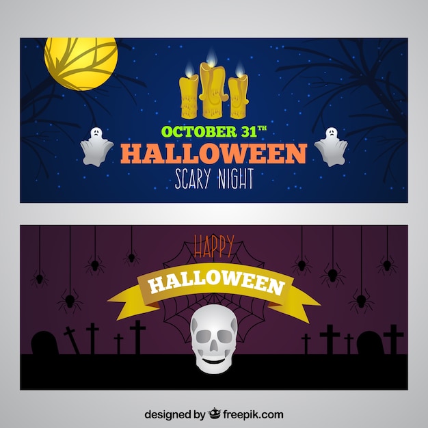 Vector gratuito banners de halloween con velas y calavera