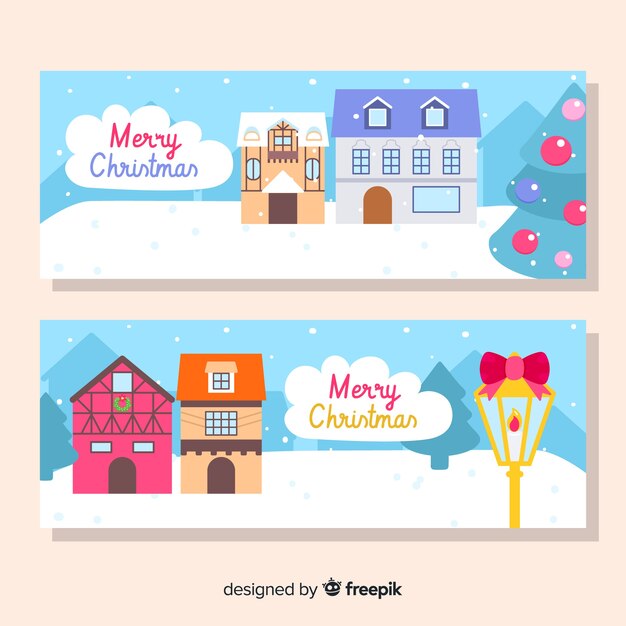 Banners de hermoso pueblo de navidad dibujado a mano