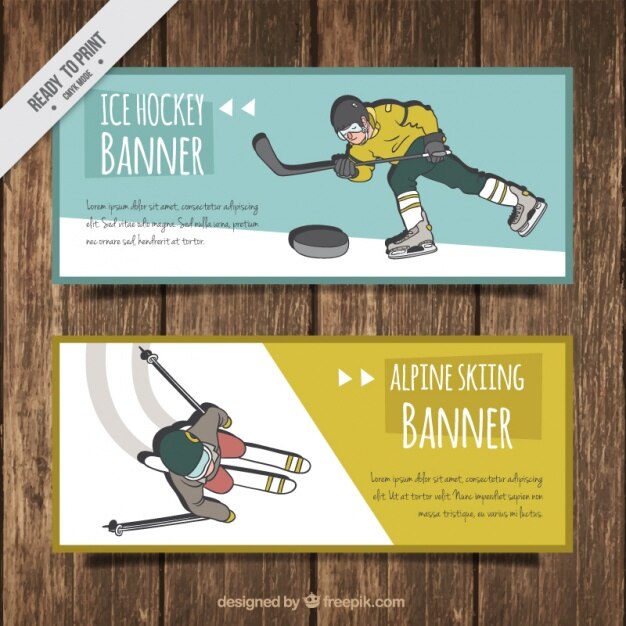 Banners de hockey y ski dibujados a mano 