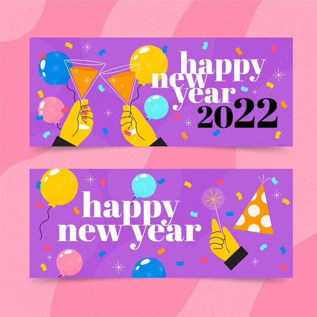 Vector gratuito banners horizontales de año nuevo planos dibujados a mano con las manos en una alegría