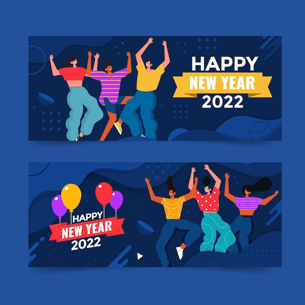 Vector gratuito banners horizontales de año nuevo planos dibujados a mano con personas celebrando